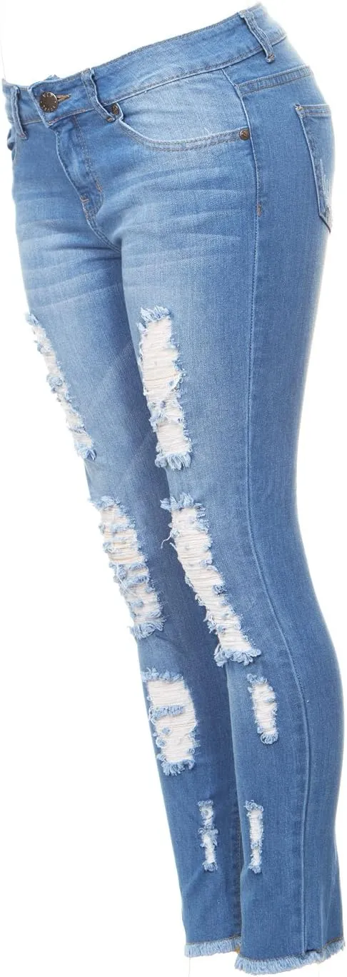 V.I.P. JEANS Women's Fray Hem Skinny Distressed Ripped Juniors Plus