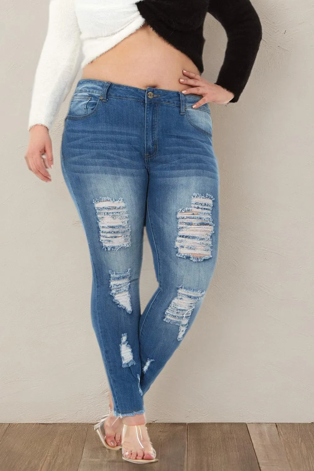 V.I.P. JEANS Women's Fray Hem Skinny Distressed Ripped Juniors Plus