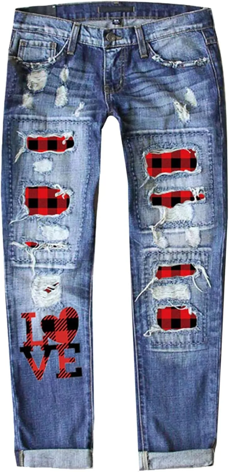 Wide Leg Jeans Woman Women's Autumn and Winter Valentine's Jeans Printed Hole Thickened Trousers Womens Jean