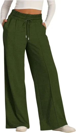Wide Leg Trousers for Women Elasticated Waist Loose Stretch Sweatpants Casual Straight Plus Size Palazzo Pants with Pockets