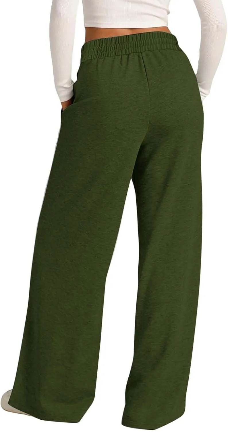 Wide Leg Trousers for Women Elasticated Waist Loose Stretch Sweatpants Casual Straight Plus Size Palazzo Pants with Pockets