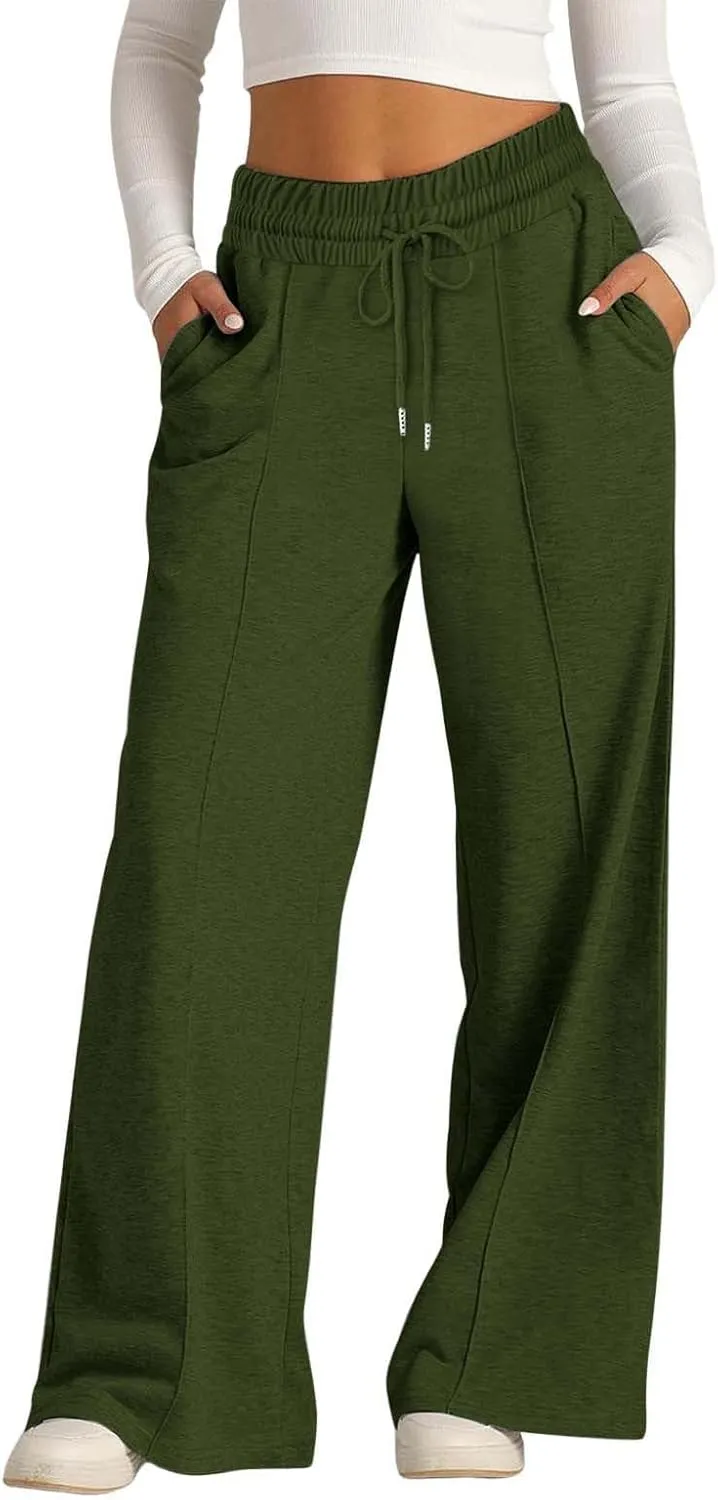 Wide Leg Trousers for Women Elasticated Waist Loose Stretch Sweatpants Casual Straight Plus Size Palazzo Pants with Pockets