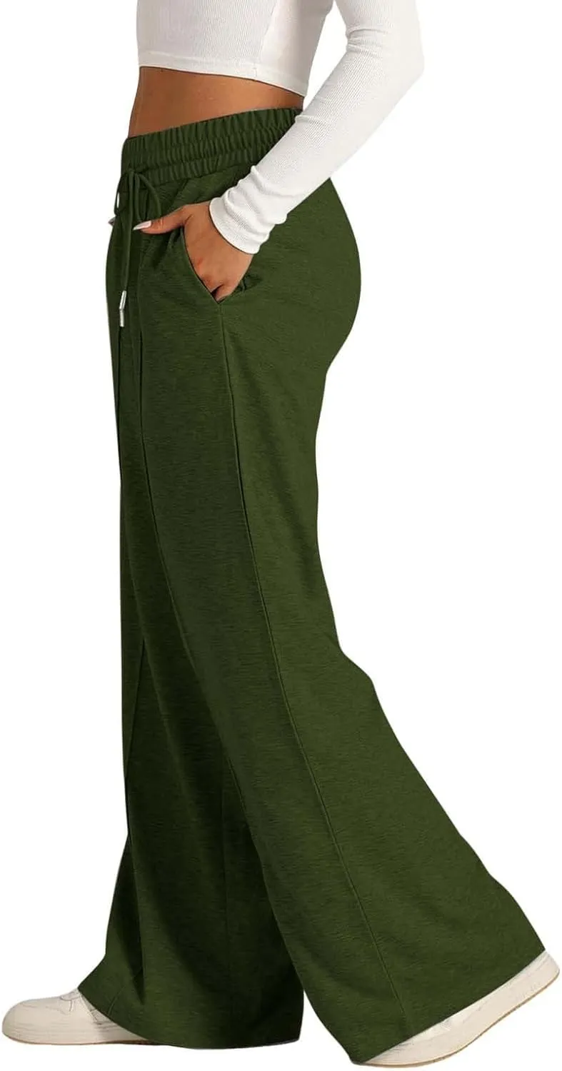 Wide Leg Trousers for Women Elasticated Waist Loose Stretch Sweatpants Casual Straight Plus Size Palazzo Pants with Pockets