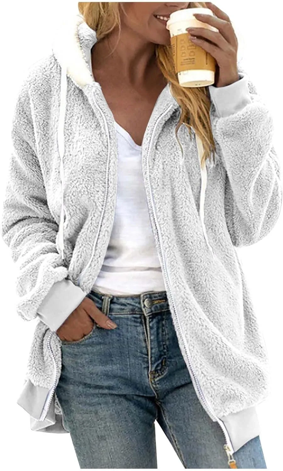 Winter Coats For Women Fuzzy Fleece Jacket Hooded Color Block Patchwork Cardigan Coat Outerwear With Pocket S-5XL