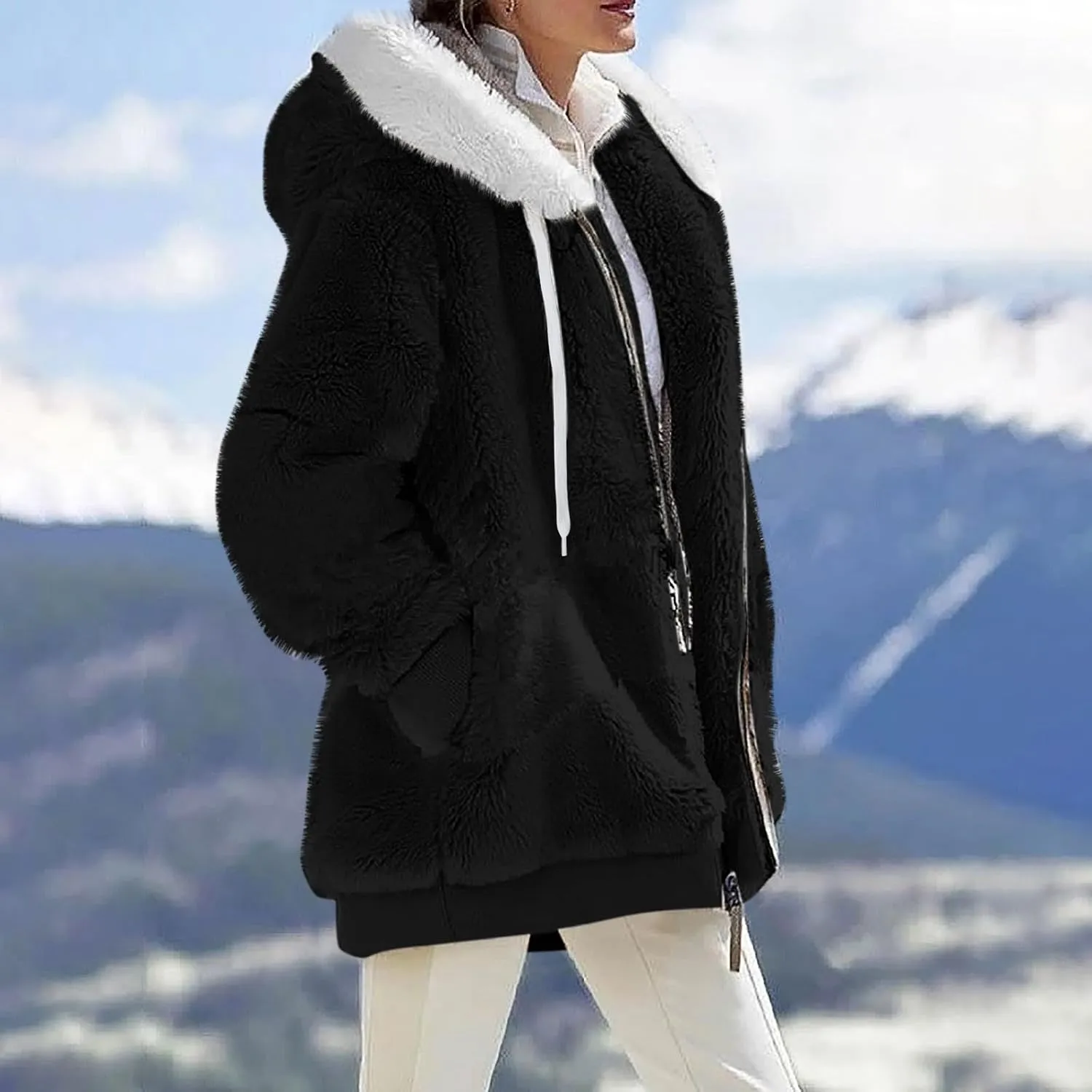Winter Coats For Women Fuzzy Fleece Jacket Hooded Color Block Patchwork Cardigan Coat Outerwear With Pocket S-5XL