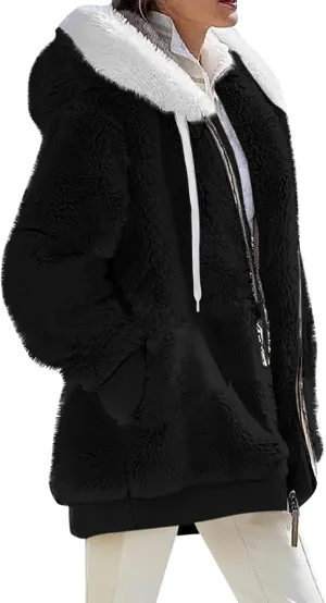 Winter Coats For Women Fuzzy Fleece Jacket Hooded Color Block Patchwork Cardigan Coat Outerwear With Pocket S-5XL