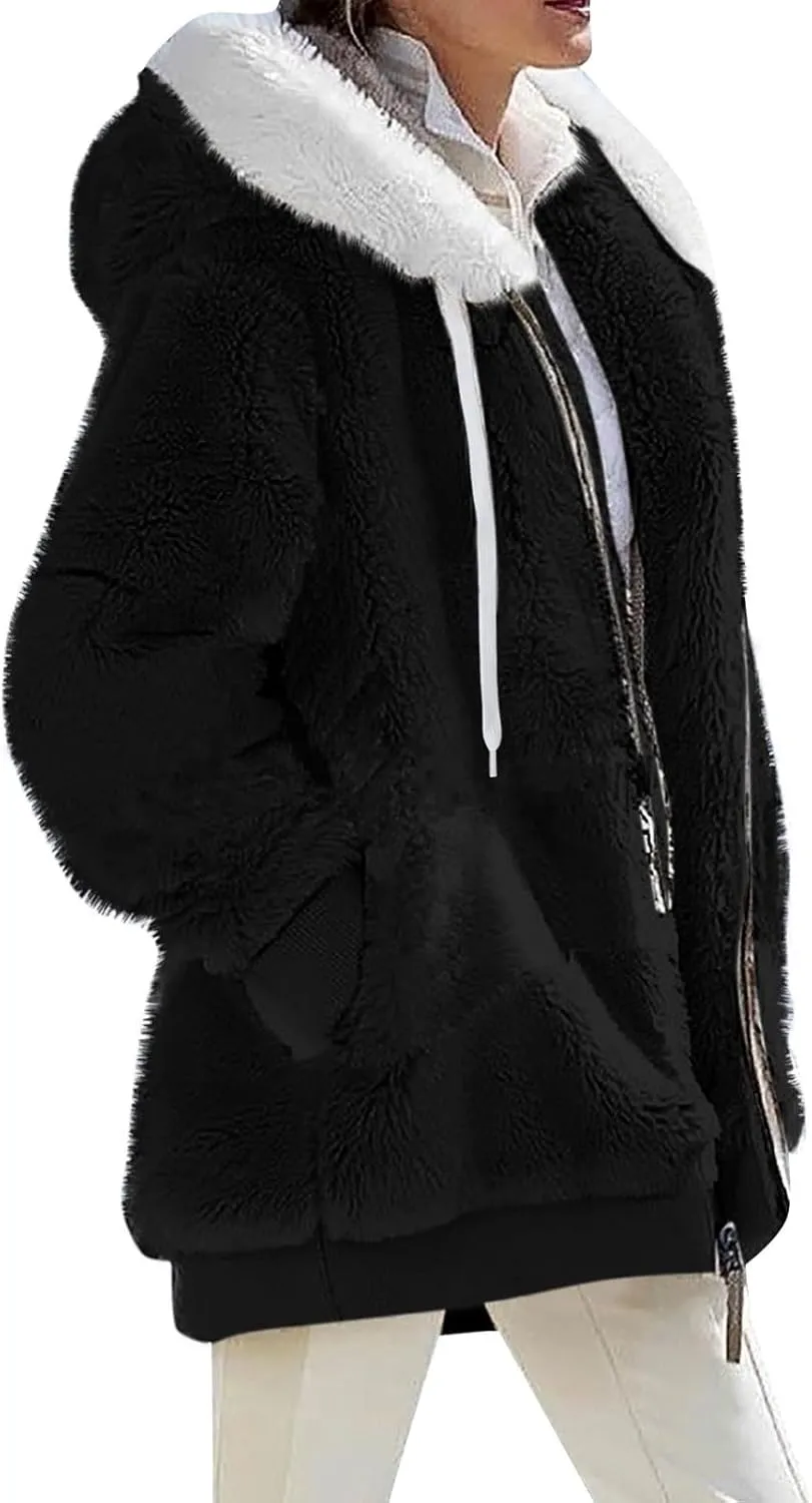 Winter Coats For Women Fuzzy Fleece Jacket Hooded Color Block Patchwork Cardigan Coat Outerwear With Pocket S-5XL