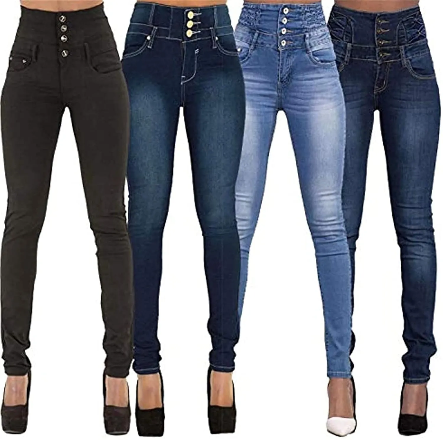 Women 4 Button High Waist Skinny Jeans Colombian Design Butt Lift Jeans Stretch High Rise Skinnys Jean (X-Large,Black)