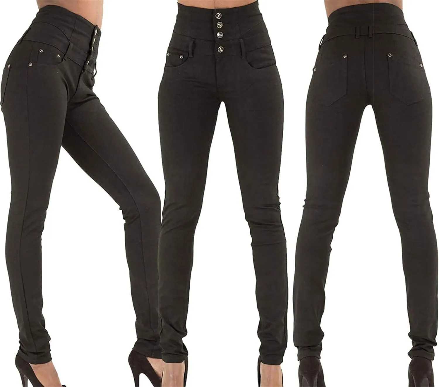 Women 4 Button High Waist Skinny Jeans Colombian Design Butt Lift Jeans Stretch High Rise Skinnys Jean (X-Large,Black)