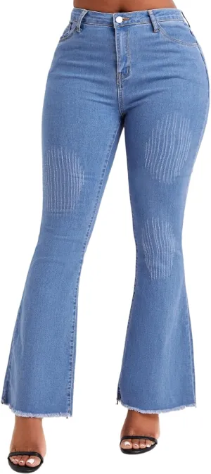 Women’ Casual Classic Bell Bottom Jeans Distressed Ripped High Waist Denim Flared Pants