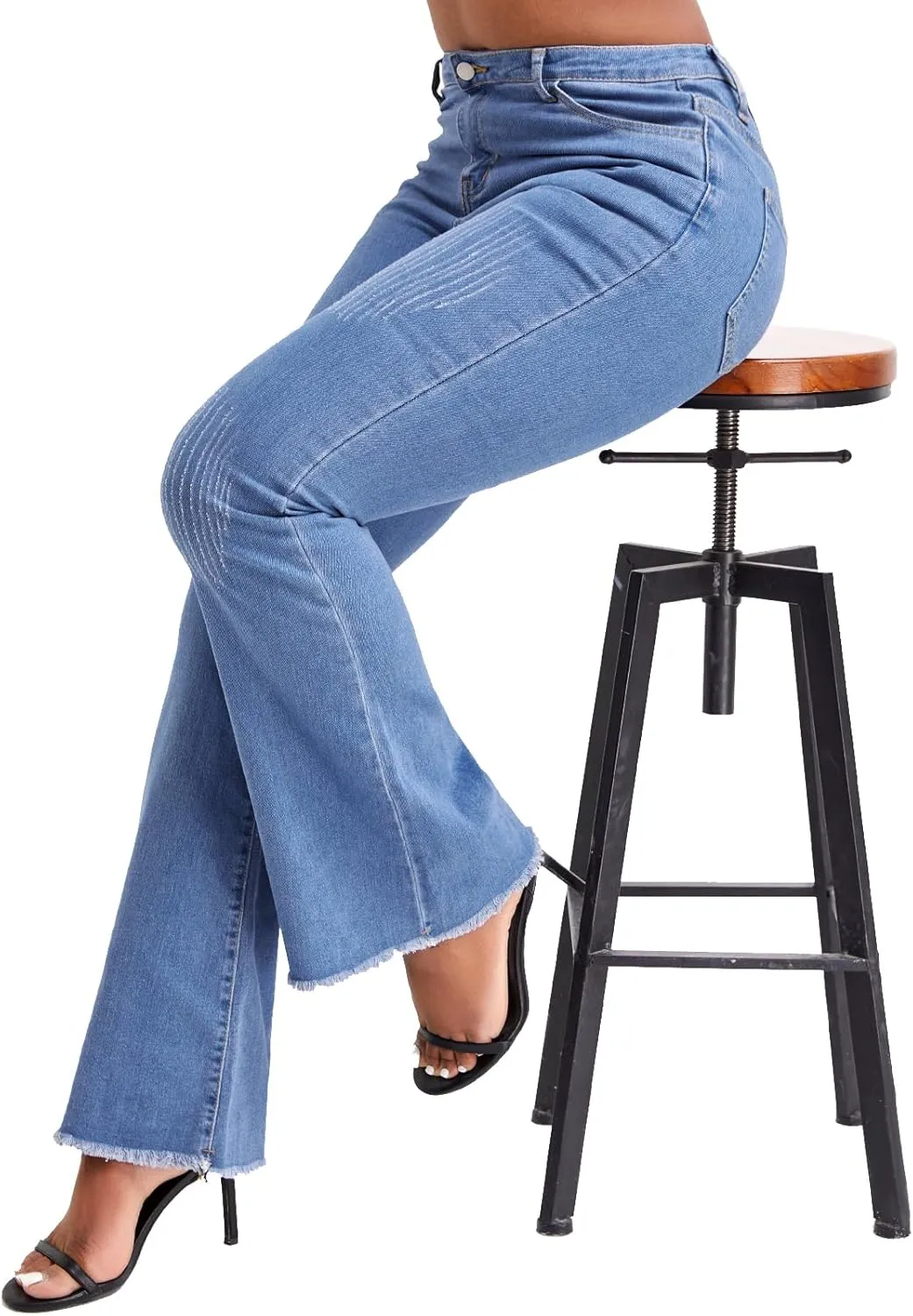Women’ Casual Classic Bell Bottom Jeans Distressed Ripped High Waist Denim Flared Pants