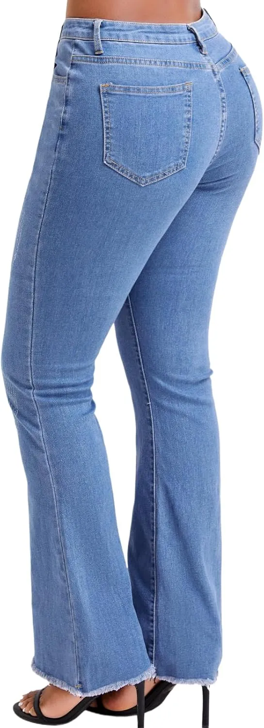 Women’ Casual Classic Bell Bottom Jeans Distressed Ripped High Waist Denim Flared Pants