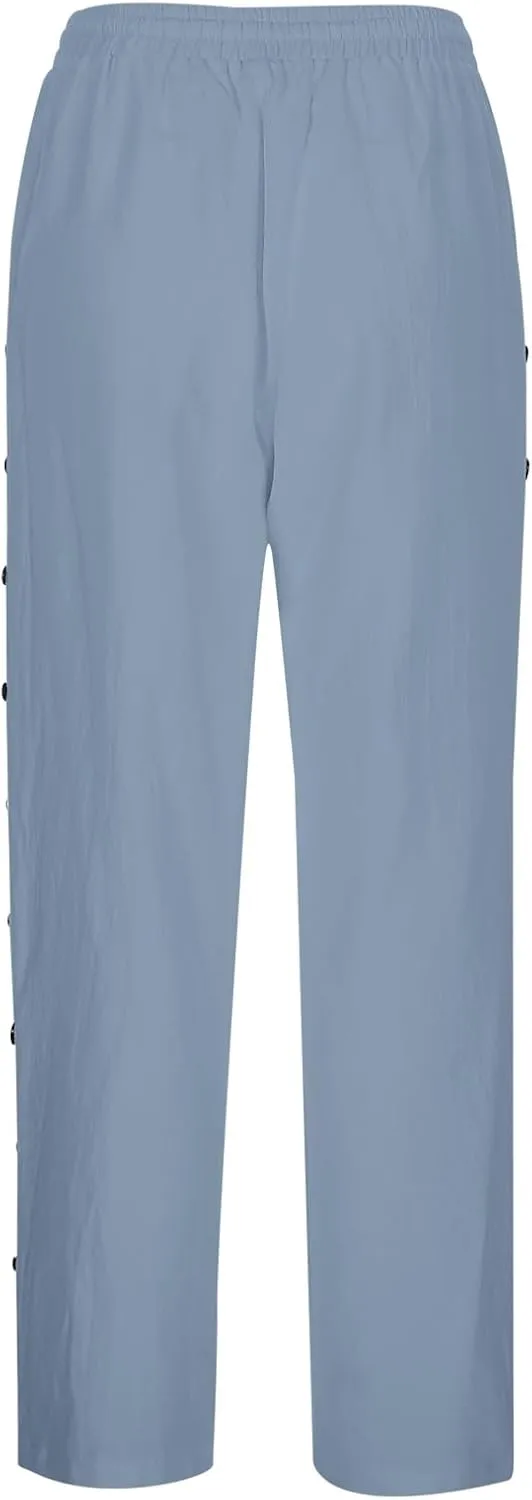 Women Casual Elastic Waist Pants Loose Side Button Comfy Straight Leg Trousers Summer Fashion Trousers with Pocket