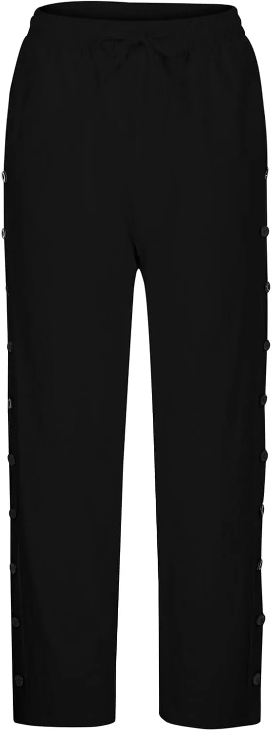 Women Casual Elastic Waist Pants Loose Side Button Comfy Straight Leg Trousers Summer Fashion Trousers with Pocket