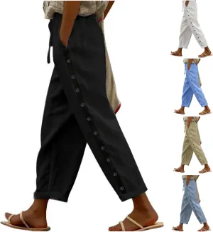 Women Casual Elastic Waist Pants Loose Side Button Comfy Straight Leg Trousers Summer Fashion Trousers with Pocket