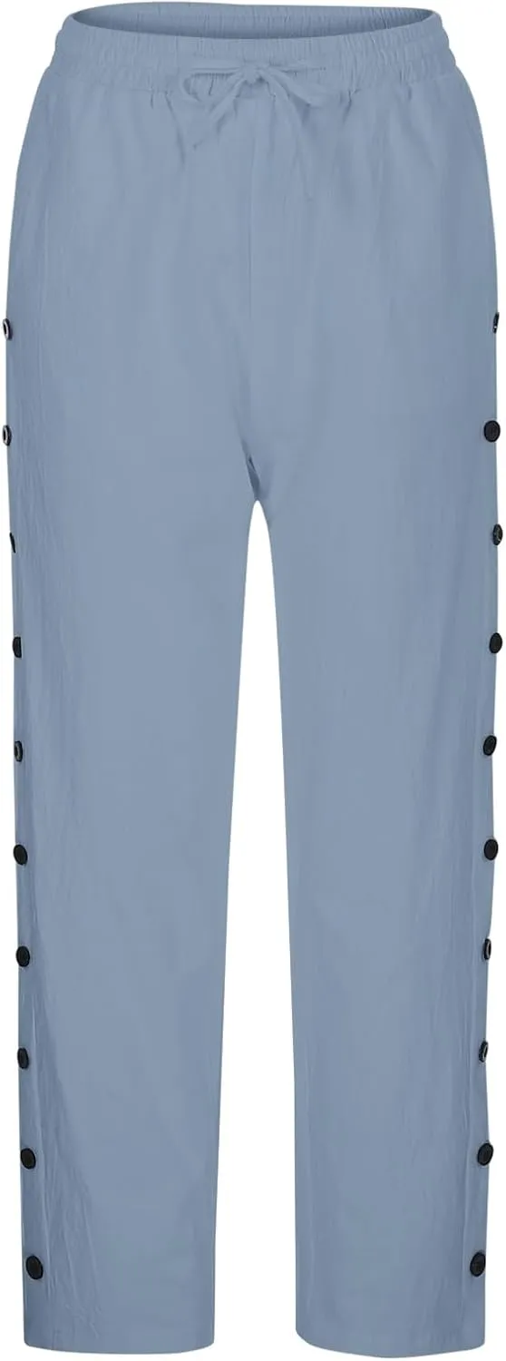 Women Casual Elastic Waist Pants Loose Side Button Comfy Straight Leg Trousers Summer Fashion Trousers with Pocket