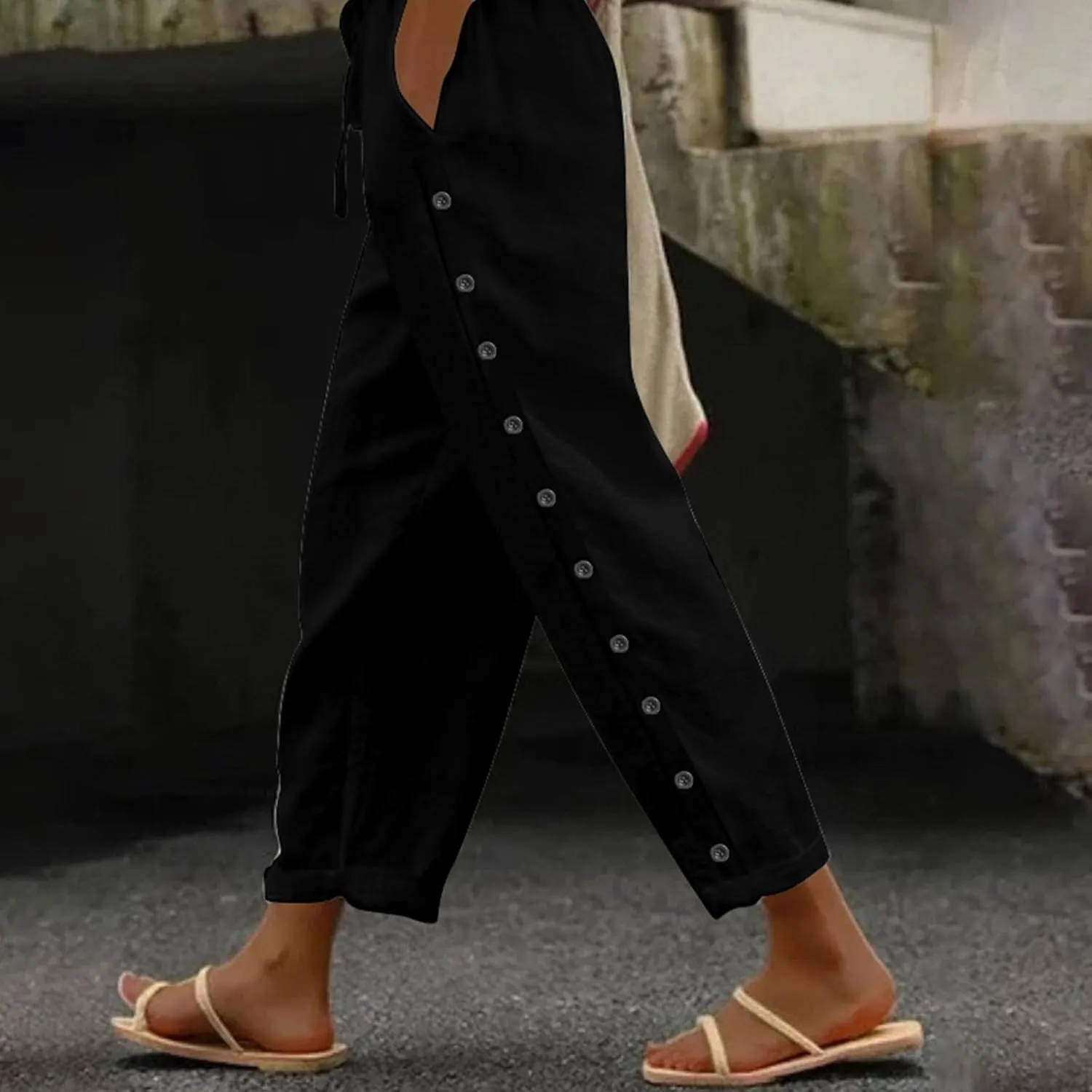 Women Casual Elastic Waist Pants Loose Side Button Comfy Straight Leg Trousers Summer Fashion Trousers with Pocket
