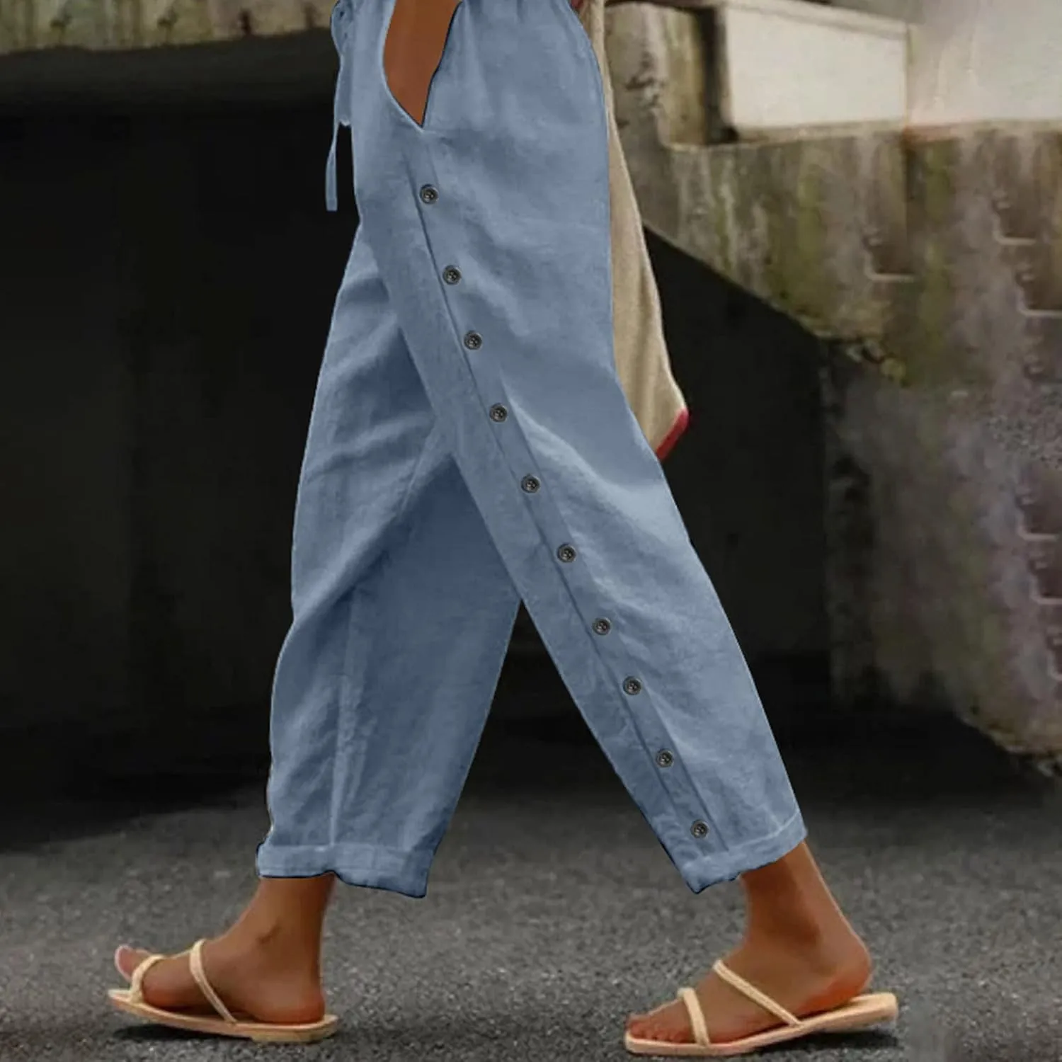 Women Casual Elastic Waist Pants Loose Side Button Comfy Straight Leg Trousers Summer Fashion Trousers with Pocket