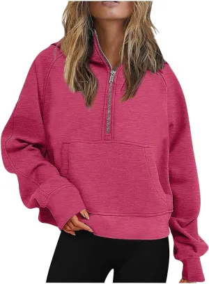 Women Half Zip Hoodies Pullover Long Sleeve Solid Corded Sweatshirt Oversized Casual Trendy Fall Outfit with Kangaroo Pocket