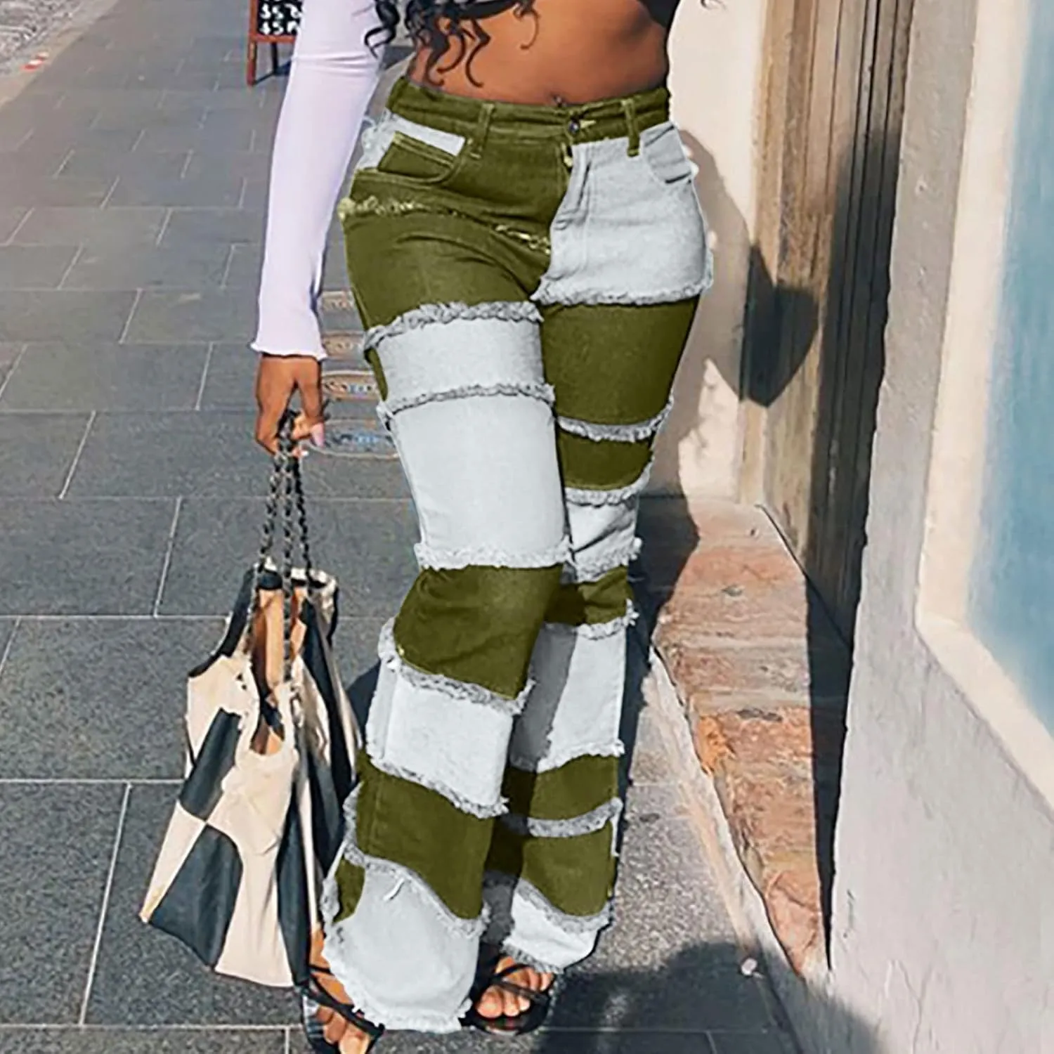 Women Patchwork Flare Jeans Stretch High Waisted Bell Bottom Fashion Raw Hem Denim Pants Distressed Straight Denim