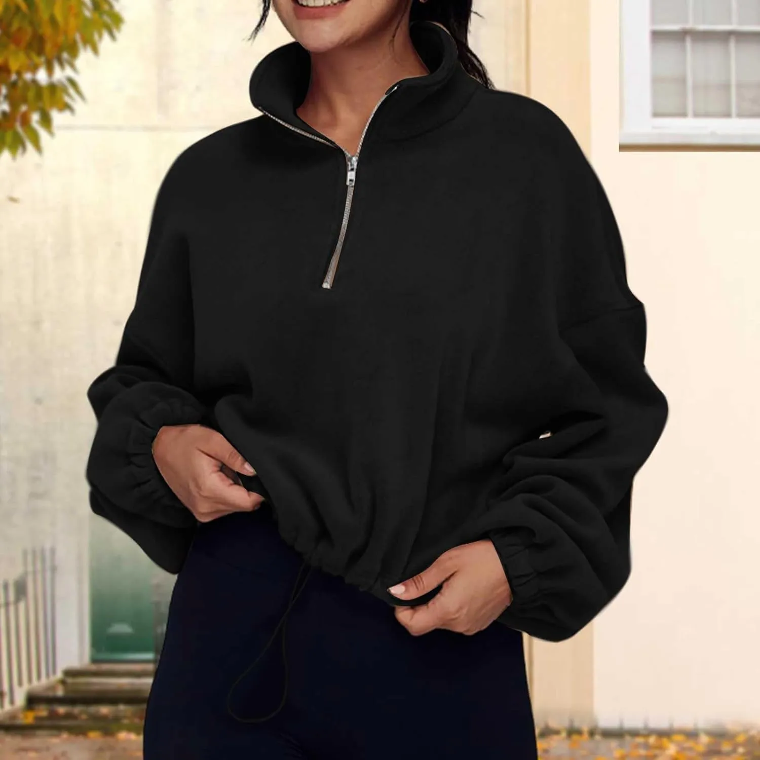 Women Quarter Zip Pullover Cropped Sweatshirts Fashion Teen Girls Y2k Fleece Fall Outfits Clothes Casual Sweatshirts