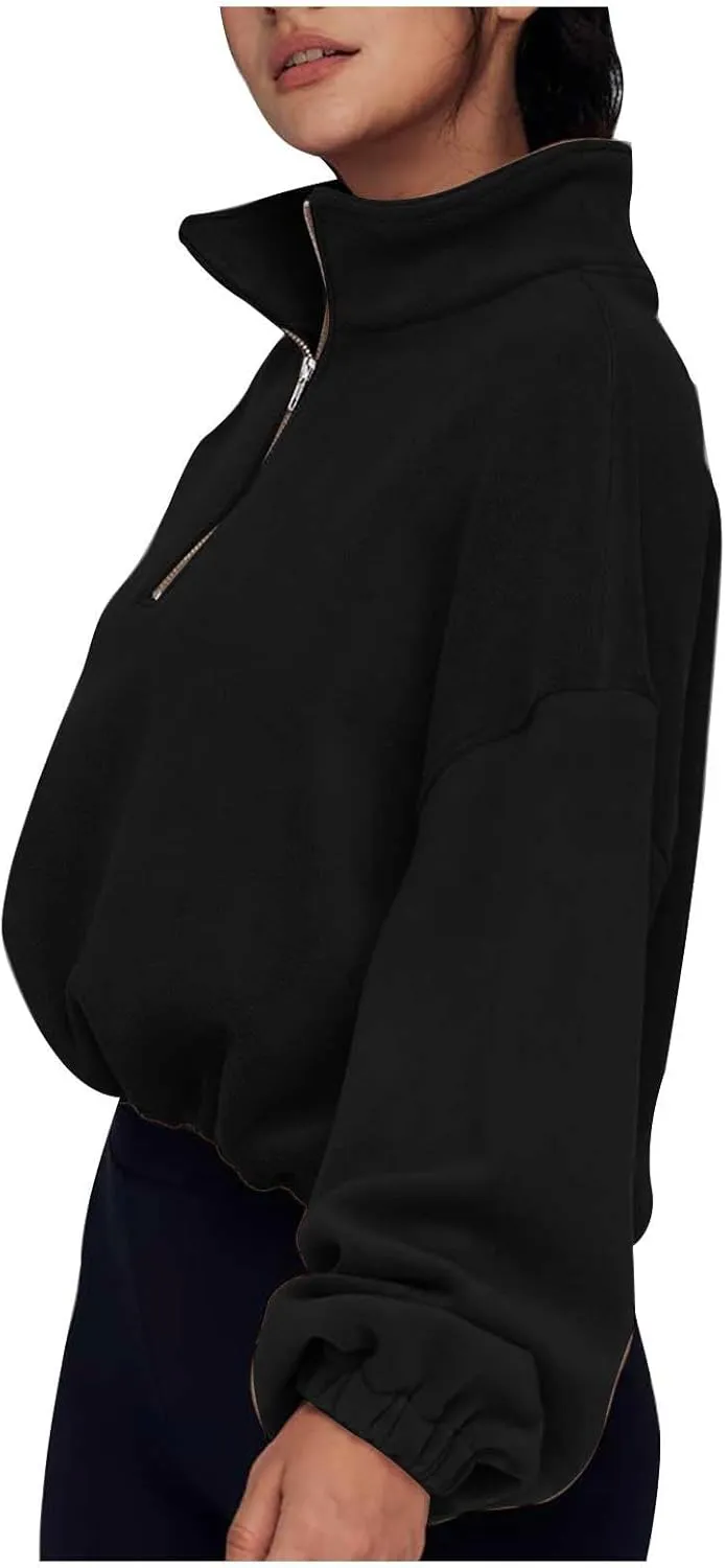 Women Quarter Zip Pullover Cropped Sweatshirts Fashion Teen Girls Y2k Fleece Fall Outfits Clothes Casual Sweatshirts