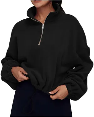 Women Quarter Zip Pullover Cropped Sweatshirts Fashion Teen Girls Y2k Fleece Fall Outfits Clothes Casual Sweatshirts