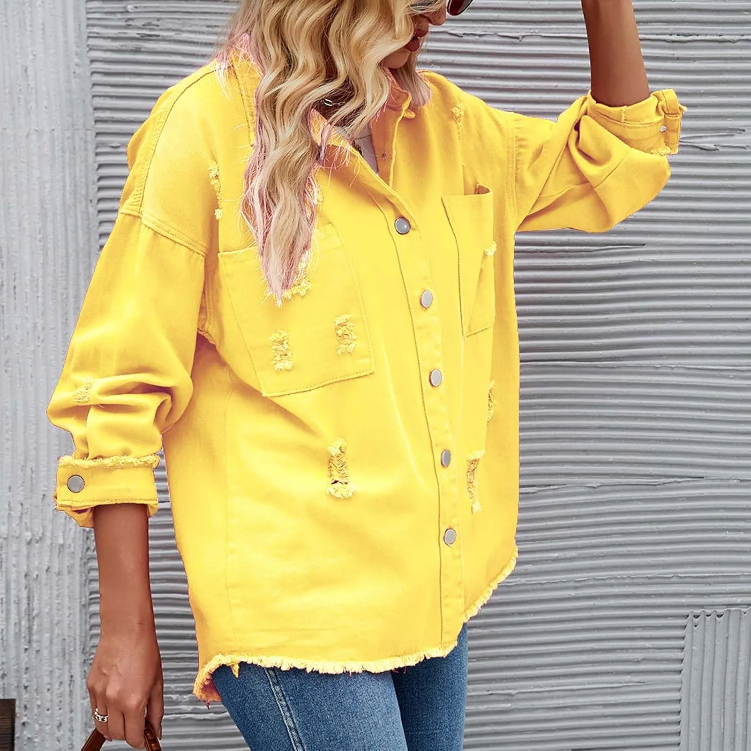 Women Raglan Sleeve Denim Jacket Casual Loose Jean Coat Tops Button Up Solid Denim Outerwear Boyfriend Jackets