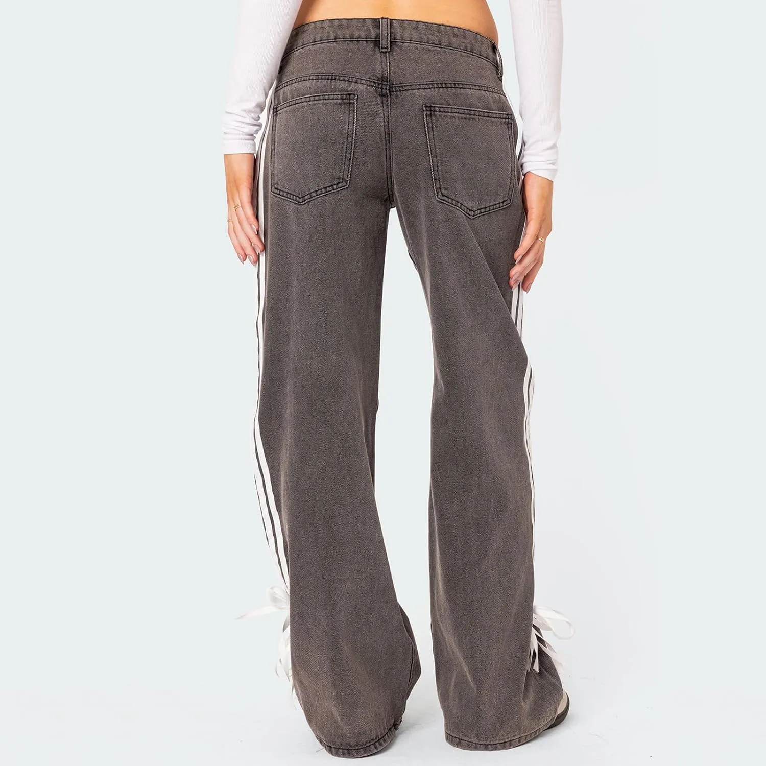 Women Y2K Low Rise Baggy Jeans Side Stripe Straight Wide Leg Denim Pants Boyfriend Trousers Streetwear