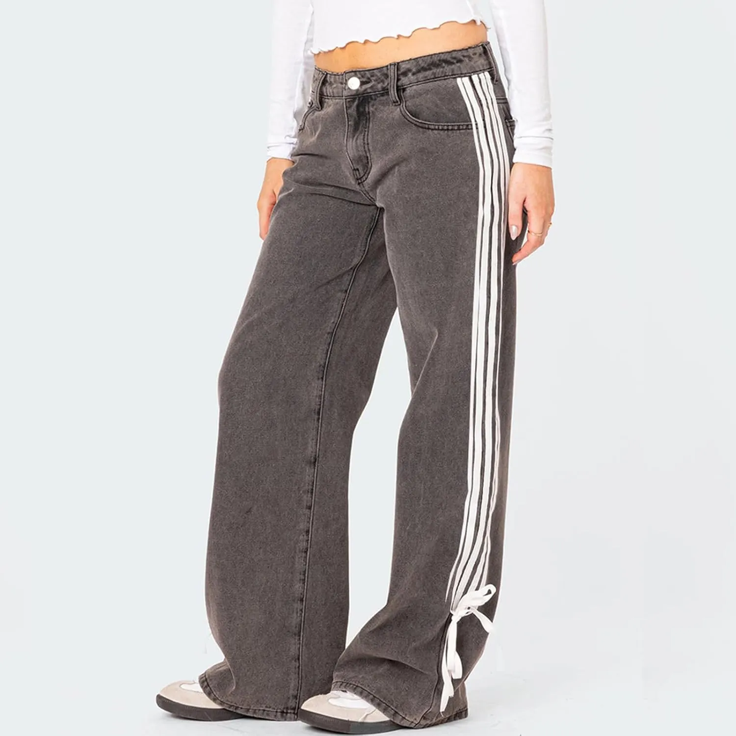 Women Y2K Low Rise Baggy Jeans Side Stripe Straight Wide Leg Denim Pants Boyfriend Trousers Streetwear