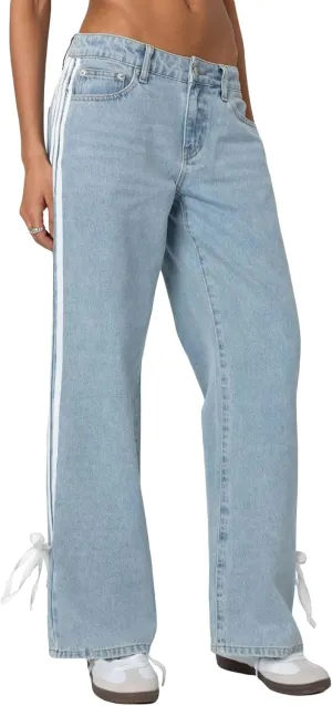 Women Y2K Low Rise Baggy Jeans Side Stripe Straight Wide Leg Denim Pants Boyfriend Trousers Streetwear