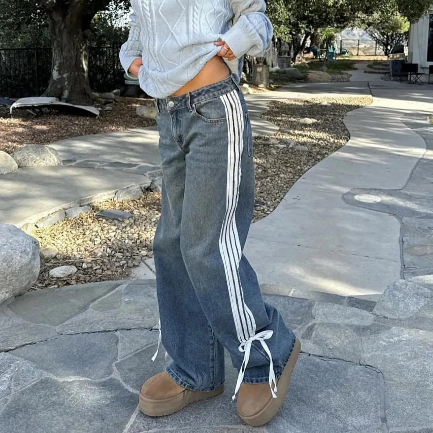 Women Y2K Low Rise Baggy Jeans Side Stripe Straight Wide Leg Denim Pants Boyfriend Trousers Streetwear