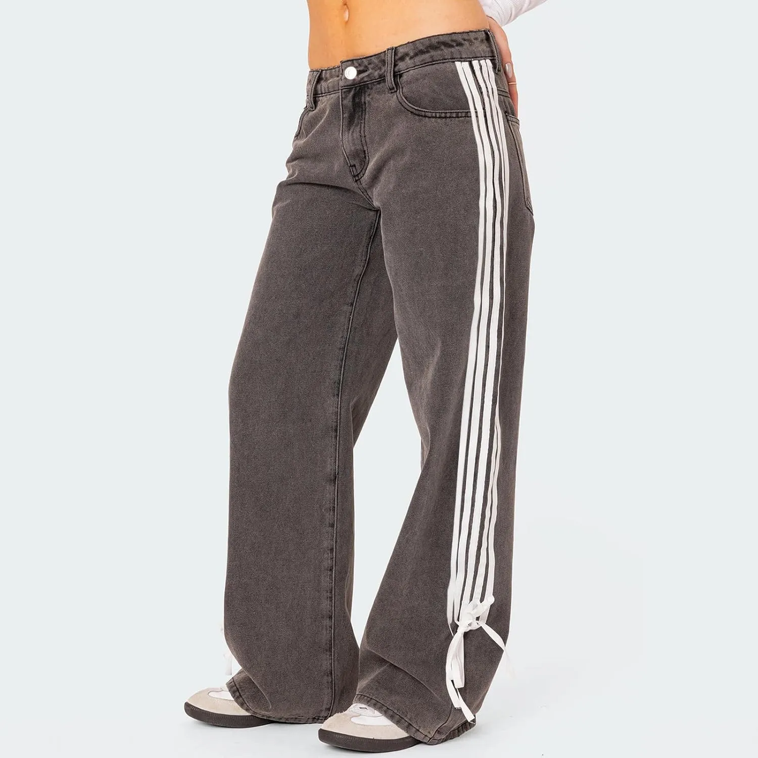 Women Y2K Low Rise Baggy Jeans Side Stripe Straight Wide Leg Denim Pants Boyfriend Trousers Streetwear