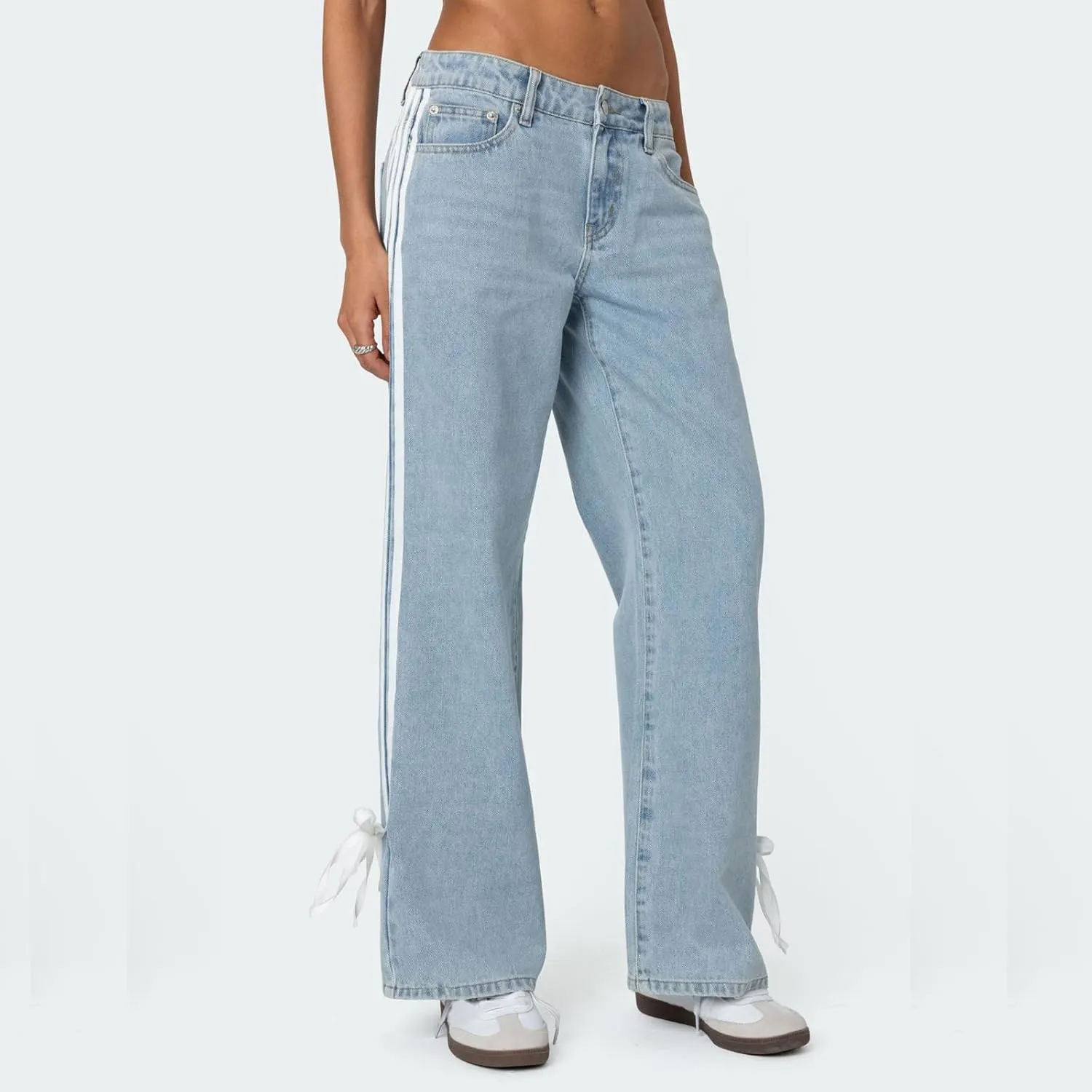Women Y2K Low Rise Baggy Jeans Side Stripe Straight Wide Leg Denim Pants Boyfriend Trousers Streetwear