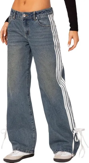 Women Y2K Low Rise Baggy Jeans Side Stripe Straight Wide Leg Denim Pants Boyfriend Trousers Streetwear