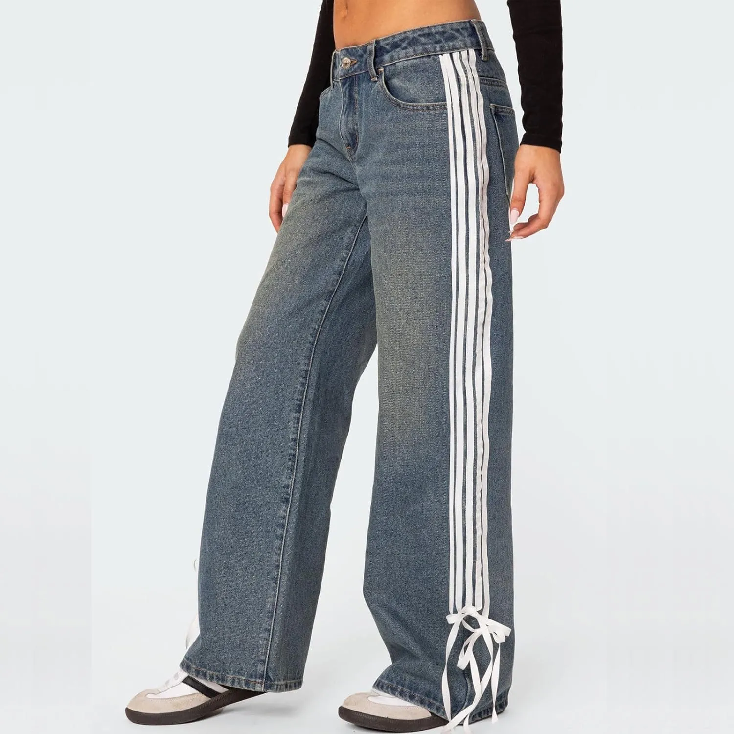 Women Y2K Low Rise Baggy Jeans Side Stripe Straight Wide Leg Denim Pants Boyfriend Trousers Streetwear