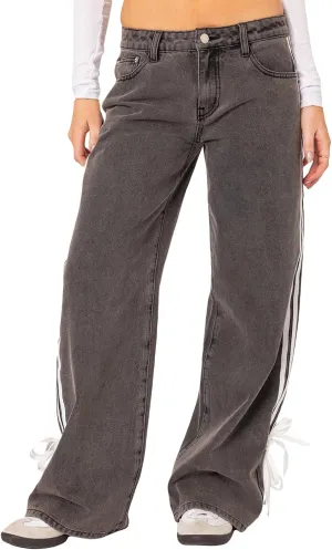 Women Y2K Low Rise Baggy Jeans Side Stripe Straight Wide Leg Denim Pants Boyfriend Trousers Streetwear