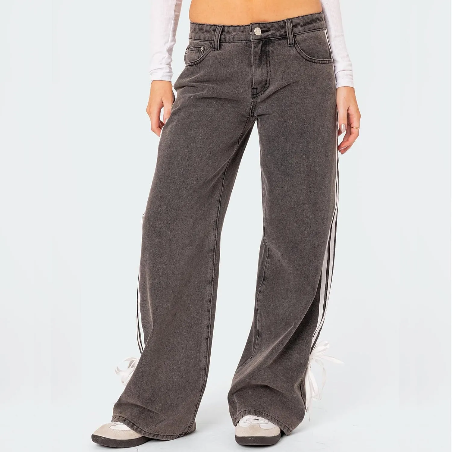 Women Y2K Low Rise Baggy Jeans Side Stripe Straight Wide Leg Denim Pants Boyfriend Trousers Streetwear