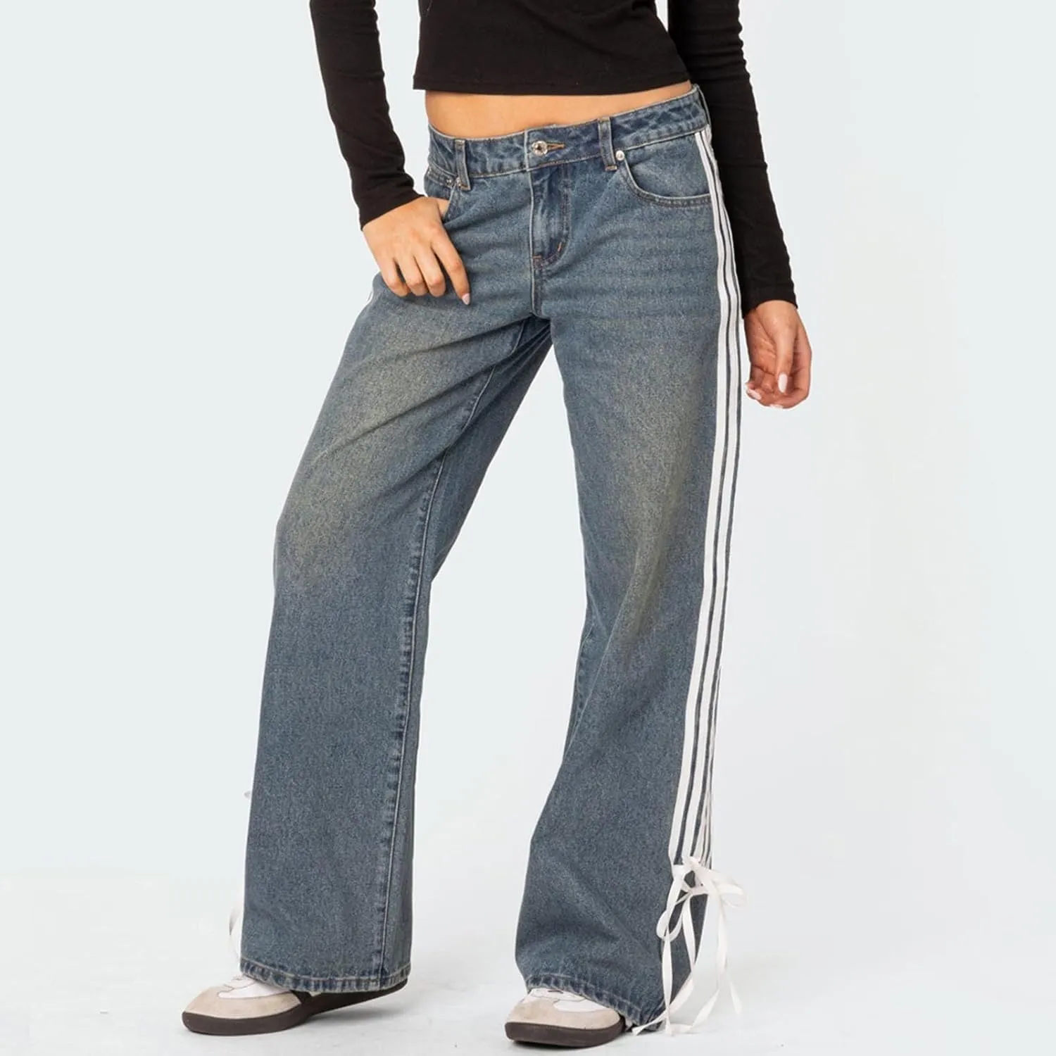 Women Y2K Low Rise Baggy Jeans Side Stripe Straight Wide Leg Denim Pants Boyfriend Trousers Streetwear