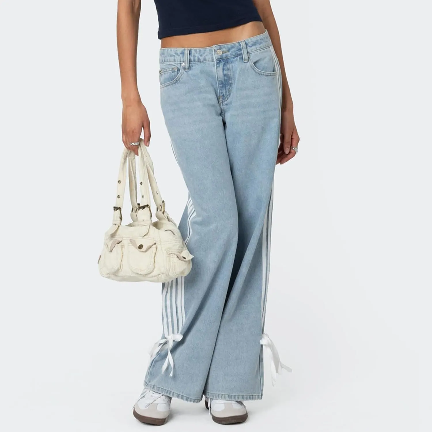 Women Y2K Low Rise Baggy Jeans Side Stripe Straight Wide Leg Denim Pants Boyfriend Trousers Streetwear