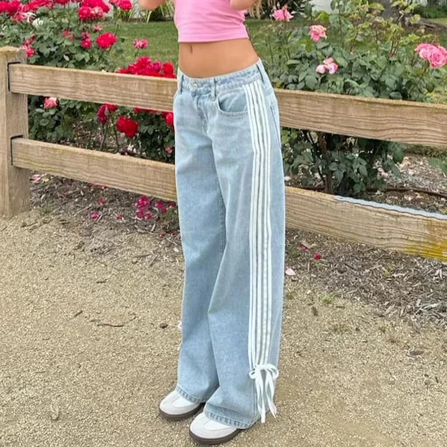 Women Y2K Low Rise Baggy Jeans Side Stripe Straight Wide Leg Denim Pants Boyfriend Trousers Streetwear