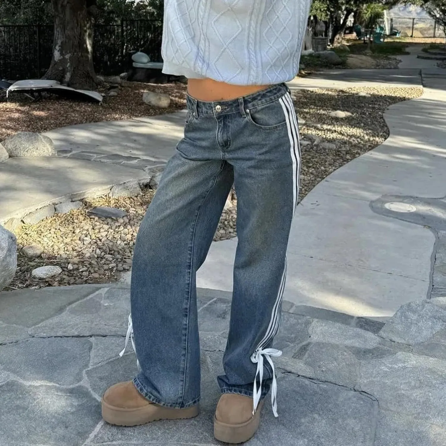 Women Y2K Low Rise Baggy Jeans Side Stripe Straight Wide Leg Denim Pants Boyfriend Trousers Streetwear