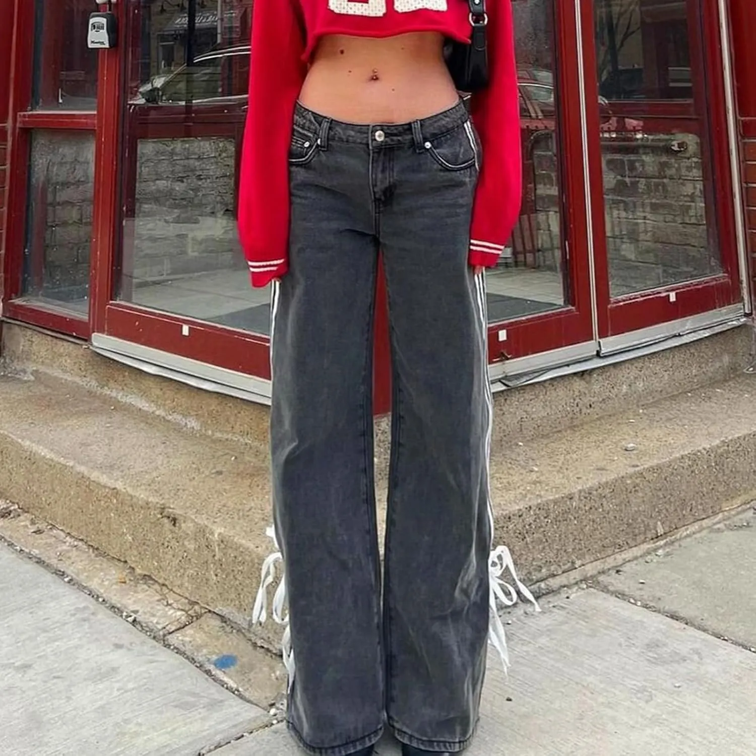 Women Y2K Low Rise Baggy Jeans Side Stripe Straight Wide Leg Denim Pants Boyfriend Trousers Streetwear