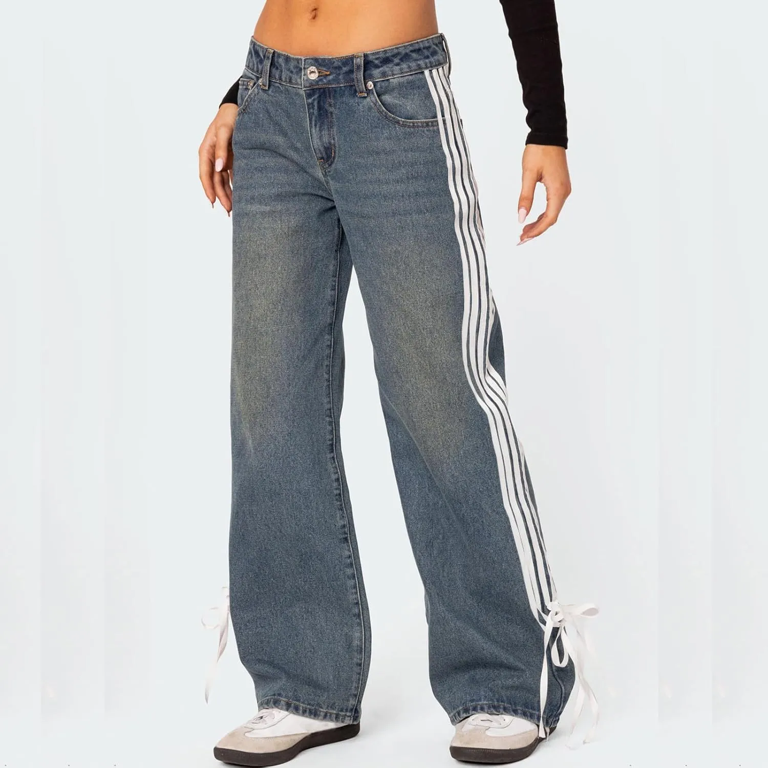 Women Y2K Low Rise Baggy Jeans Side Stripe Straight Wide Leg Denim Pants Boyfriend Trousers Streetwear