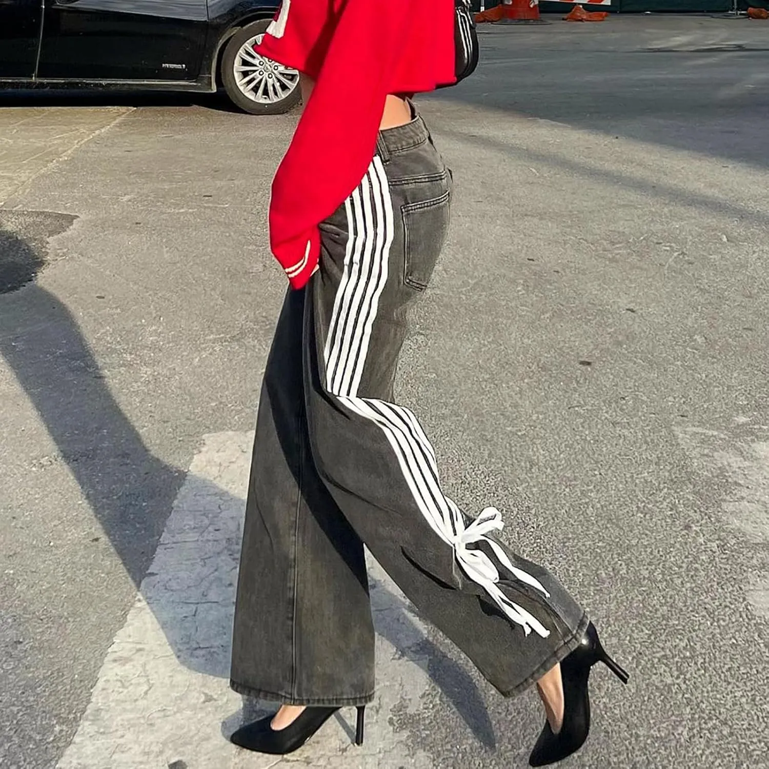 Women Y2K Low Rise Baggy Jeans Side Stripe Straight Wide Leg Denim Pants Boyfriend Trousers Streetwear