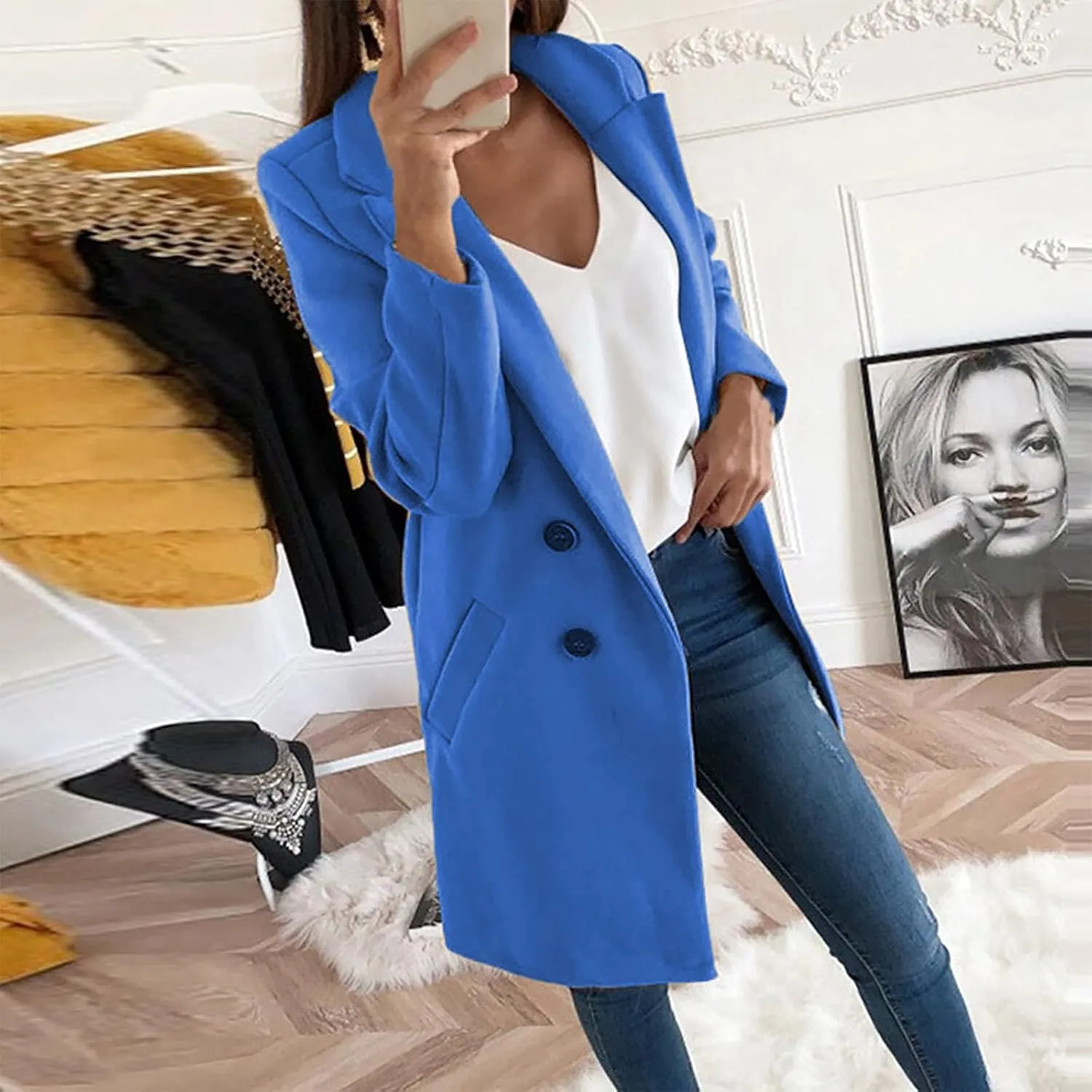 Women's Basic Wool Blend Pea Coats,Essential Double Breasted Midi Wool Blend Pea Coats Blazer Warm Winter Big Jackets