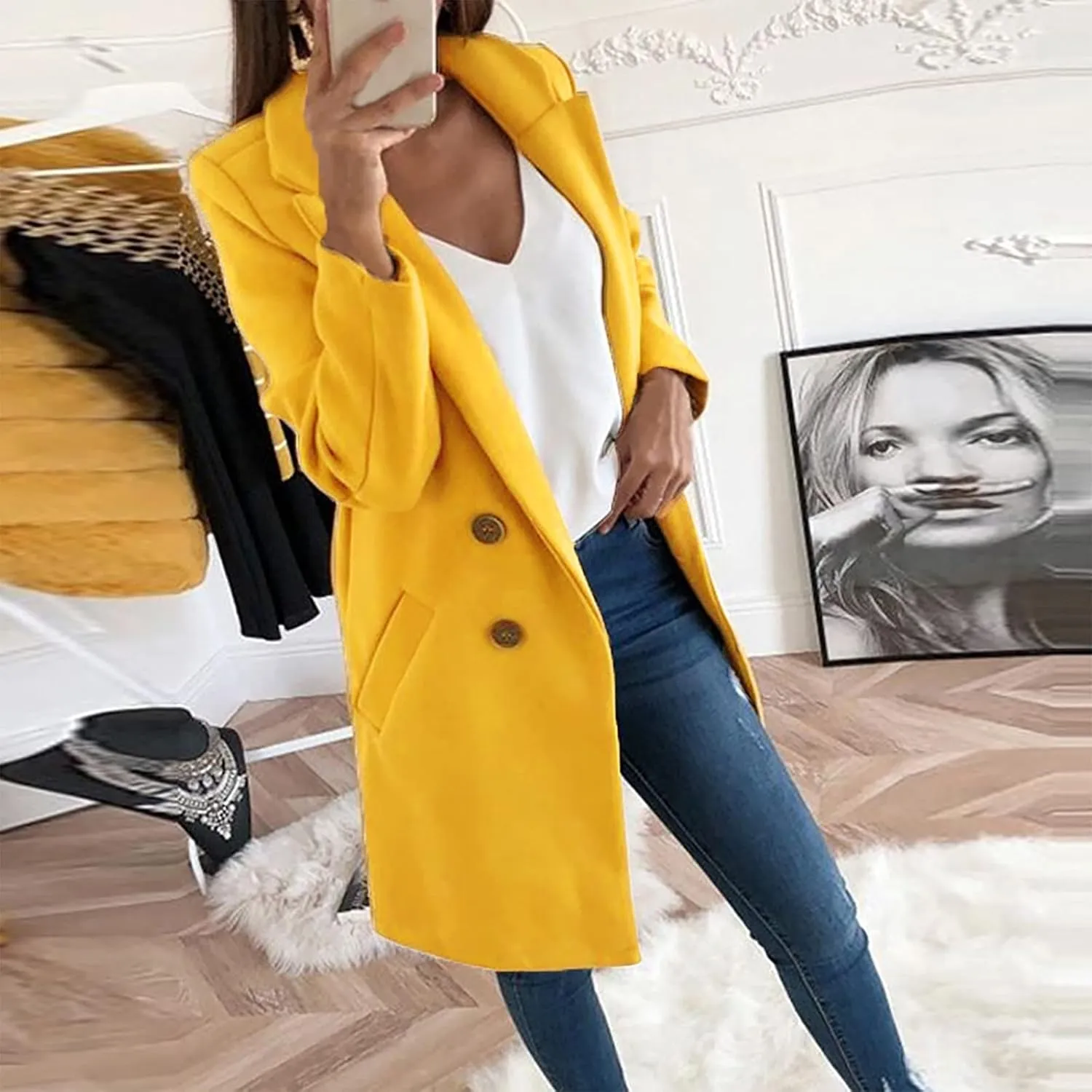 Women's Basic Wool Blend Pea Coats,Essential Double Breasted Midi Wool Blend Pea Coats Blazer Warm Winter Big Jackets