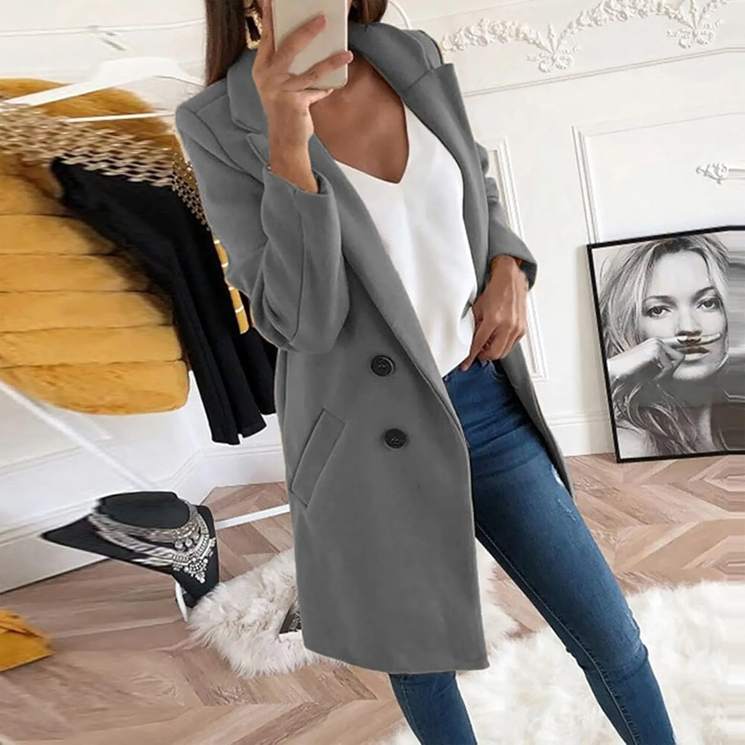 Women's Basic Wool Blend Pea Coats,Essential Double Breasted Midi Wool Blend Pea Coats Blazer Warm Winter Big Jackets