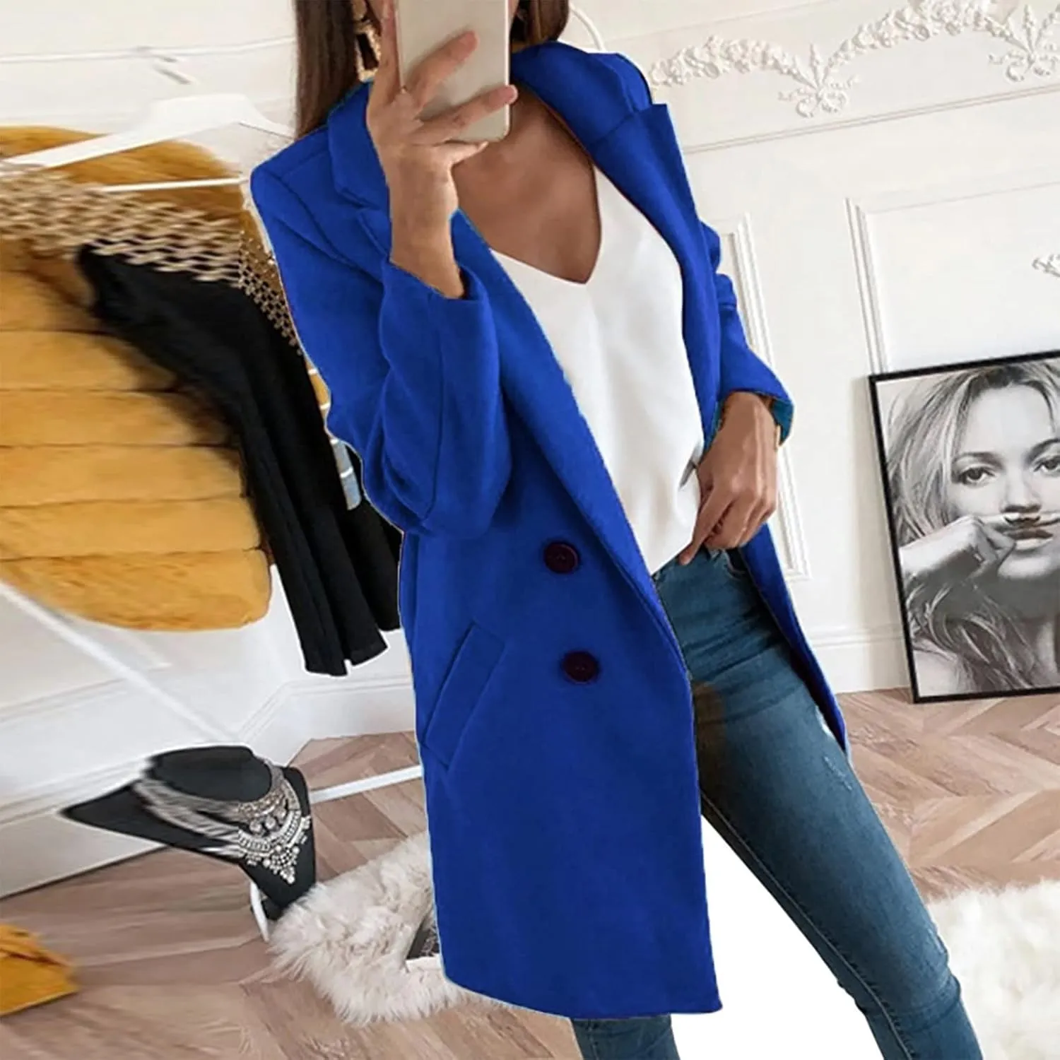 Women's Basic Wool Blend Pea Coats,Essential Double Breasted Midi Wool Blend Pea Coats Blazer Warm Winter Big Jackets