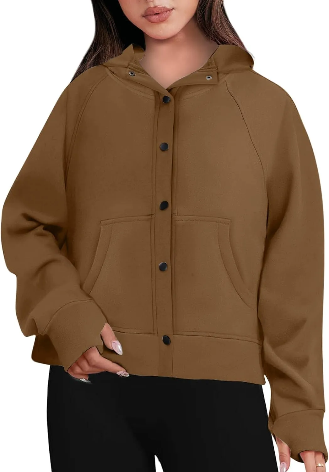 Womens Buttons Hoodies Fleece Sweatshirts Fall Outfits Jackets with Pockets Winter Clothes Cropped Sweatshirts